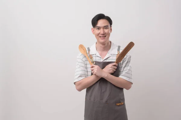 Portrait Young Asian Man Wearing Apron White Background Studio Cooking — Stock Photo, Image