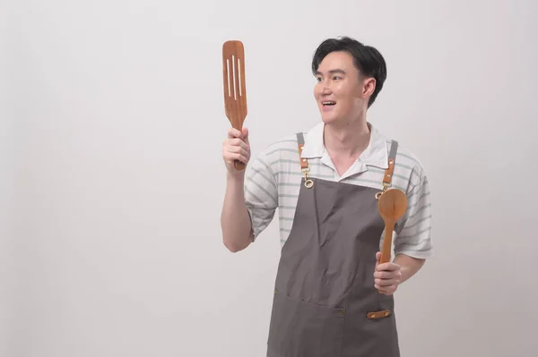 Portrait Young Asian Man Wearing Apron White Background Studio Cooking — Stock Photo, Image