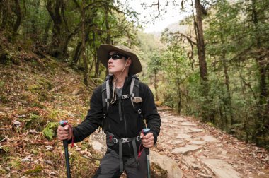 Genç bir gezgin orman yolunda yürüyor, Nepal