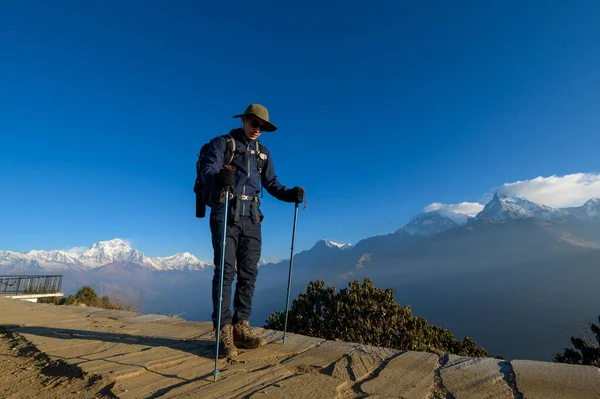 Genç Bir Gezgin Poon Hill Yürüyor Ghorepani Nepal Deki Bakış — Stok fotoğraf
