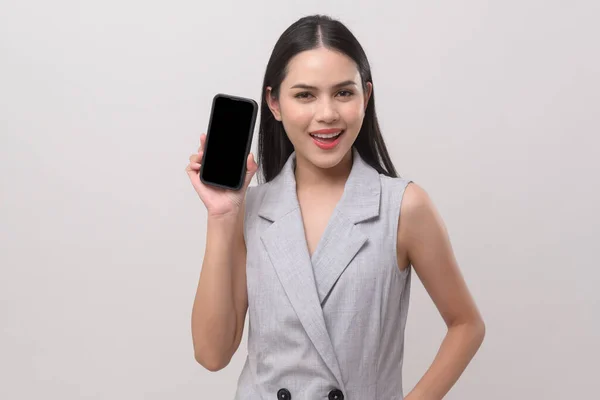 Beautiful Woman Using Smartphone White Background Technology Concept — Stockfoto
