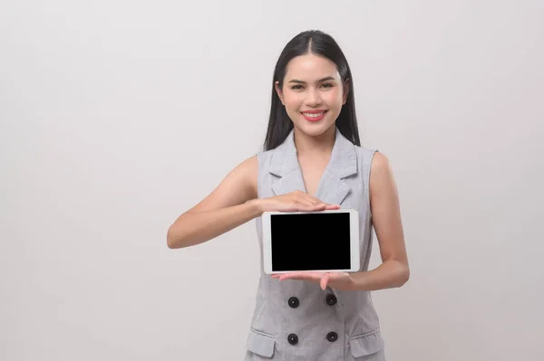 Beautiful Woman Using Tablet White Background Technology Concept — Fotografia de Stock