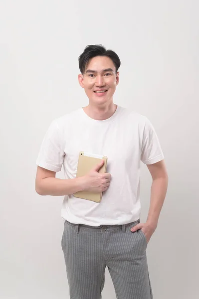 Young Asian Man Using Tablet White Background Technology Concept — Stock Photo, Image
