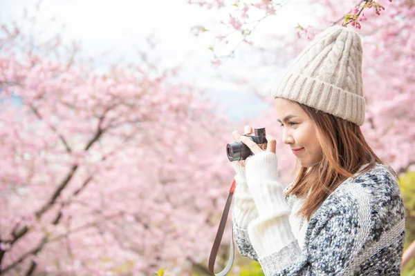Atrakcyjna Kobieta Zabawia Się Cherry Blossom Matsuda Japonia — Zdjęcie stockowe