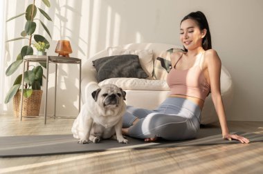 Spor giyinen Asyalı bir kadın evde tatlı bir köpekle yoga yapıyor, sağlıklı bir yaşam tarzı, akıl sağlığı konsepti..