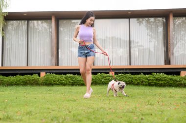 Mutlu Asyalı kadın arka bahçede sevimli akıllı köpek yavrusuyla oynuyor.