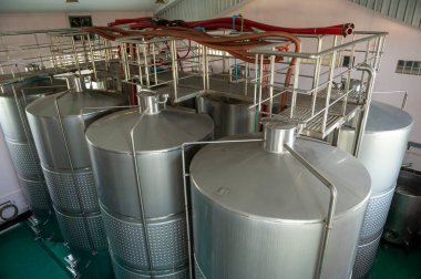 Modern şarap fabrikasında şarap fermantasyon tankları