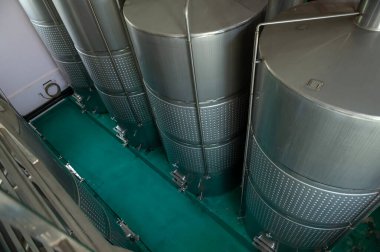 Modern şarap fabrikasında şarap fermantasyon tankları