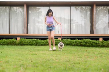 Mutlu Asyalı kadın arka bahçede sevimli akıllı köpek yavrusuyla oynuyor.