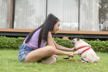 Mutlu Asyalı kadın arka bahçede sevimli akıllı köpek yavrusuyla oynuyor.