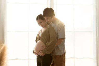 Hamile kadın ve koca portresi, gün batımında siluet, aile ve aşk konsepti.