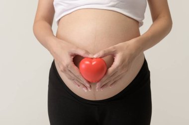 Küçük kırmızı kalp, sağlık, ilaç ve kardiyoloji kavramına sahip güzel hamile kadın portresi 