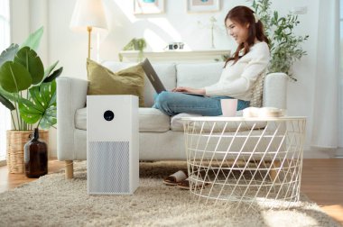 Kanepede oturan bir kadın dizüstü bilgisayarı üzerinde çalışırken hava temizleyicisini çalıştırıyor..