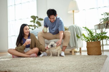 Bir çift köpekleri ile yerde dinlenir, güneşli bir odada hafif bir kahvaltı yaparlar..