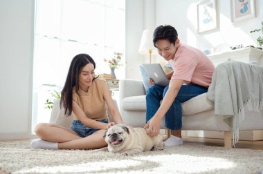 Genç bir çift, köpekleriyle bir kanepede rahatlar. Parlak bir yaşam alanında keyifli anlar paylaşırlar..