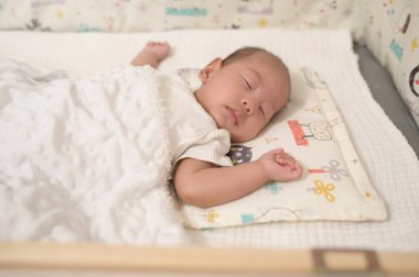 Oyuncak dolu rahat bir beşikte yumuşak bir battaniyenin üzerinde bir bebek dinleniyor..