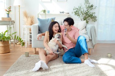 Genç bir çift, neşeli köpekleriyle vakit geçirir. Parlak, bitki dolu bir oturma odasında..