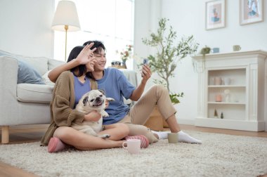 Genç bir çift, neşeli köpekleriyle vakit geçirir. Parlak, bitki dolu bir oturma odasında..