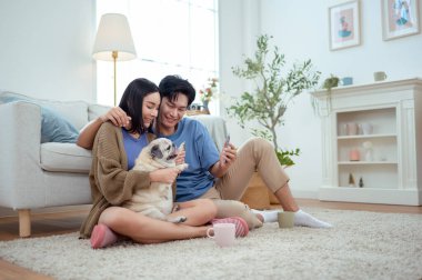 Genç bir çift, neşeli köpekleriyle vakit geçirir. Parlak, bitki dolu bir oturma odasında..