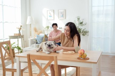 Genç bir çift, köpekleriyle bir kanepede rahatlar. Parlak bir yaşam alanında keyifli anlar paylaşırlar..