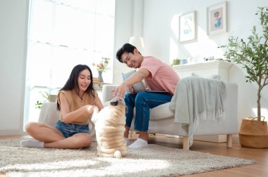 Genç bir çift, köpekleriyle bir kanepede rahatlar. Parlak bir yaşam alanında keyifli anlar paylaşırlar..