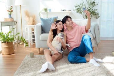 Genç bir çift, neşeli köpekleriyle vakit geçirir. Parlak, bitki dolu bir oturma odasında..