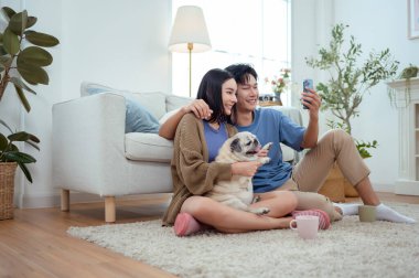 Genç bir çift, neşeli köpekleriyle vakit geçirir. Parlak, bitki dolu bir oturma odasında..