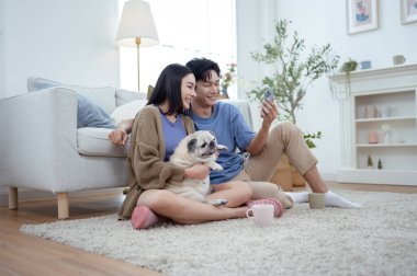 Genç bir çift, neşeli köpekleriyle vakit geçirir. Parlak, bitki dolu bir oturma odasında..