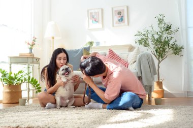 Genç bir çift, köpekleriyle keyifli anlar yakalar. Parlak, rahat bir yaşam alanında..