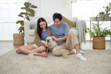 Köpekleri ile oynarlarken gülümseyen bir çift güzel ışıklandırılmış bir oturma odasında yumuşak bir halıda.