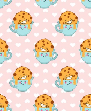 Kurabiyeler ve kahve seksleri kusursuz. Zevk arka planı. Bir fincan kahveye kurabiye batırmak. Yetişkin tonlarıyla vektör illüstrasyonu