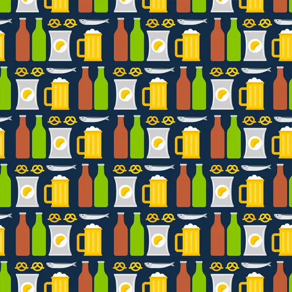 ビールとスナックパターンシームレス 魚やチップとビールの背景のマグカップ パブの看板の質感 — ストックベクタ