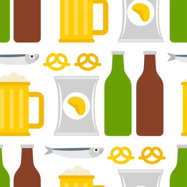 ビールとスナックパターンシームレス 魚やチップとビールの背景のマグカップ パブの看板の質感 — ストックベクタ