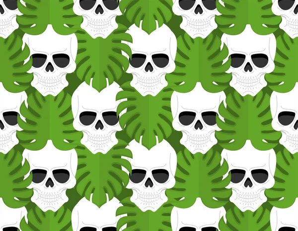 頭蓋骨とモンスターのパターンをシームレスに 骨格の頭部と熱帯の葉の背景 — ストックベクタ