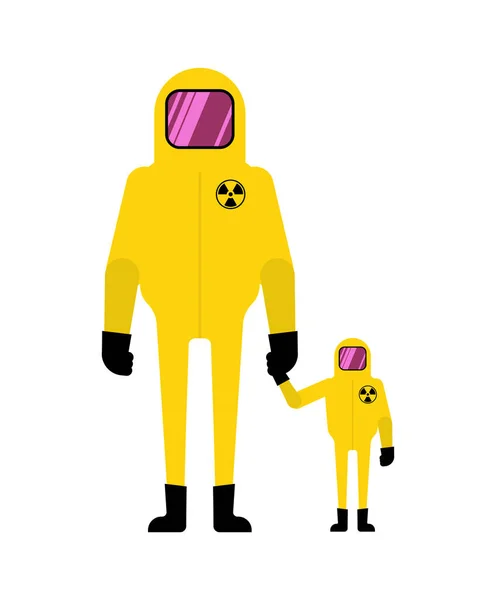 Trajes Protección Nuclear Padre Hijo Concepto Guerra Nuclear Catástrofe Ecológica — Vector de stock