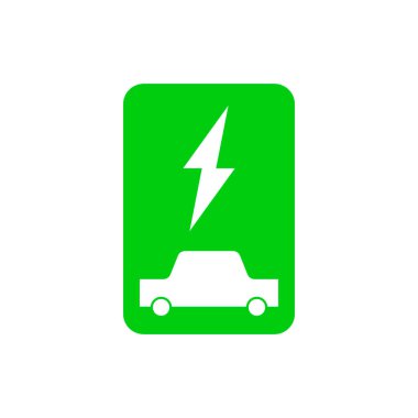 Elektrikli araba tabelası için şarj ediliyor. Yeşil eko enerji sembolü.