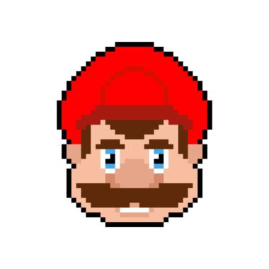 Bıyıklı tesisatçı yüz pikseli. 8 bit Vektör illüstrasyonu
