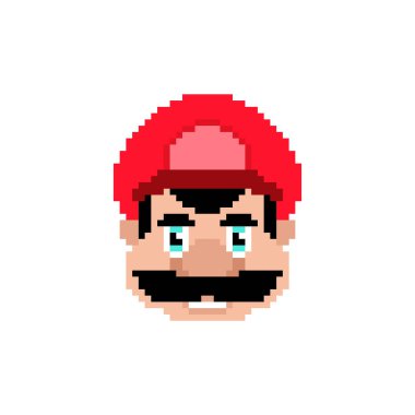 Bıyıklı tesisatçı yüz pikseli. 8 bit Vektör illüstrasyonu