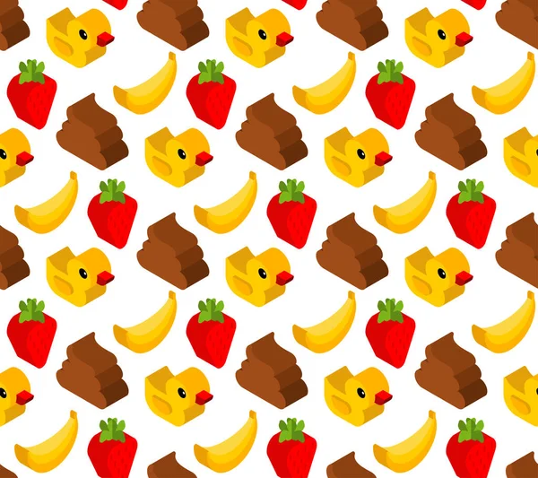 Cheerful Set Isometric Style Pattern Banana Strawberry Duck Shit Background — Stockvektor