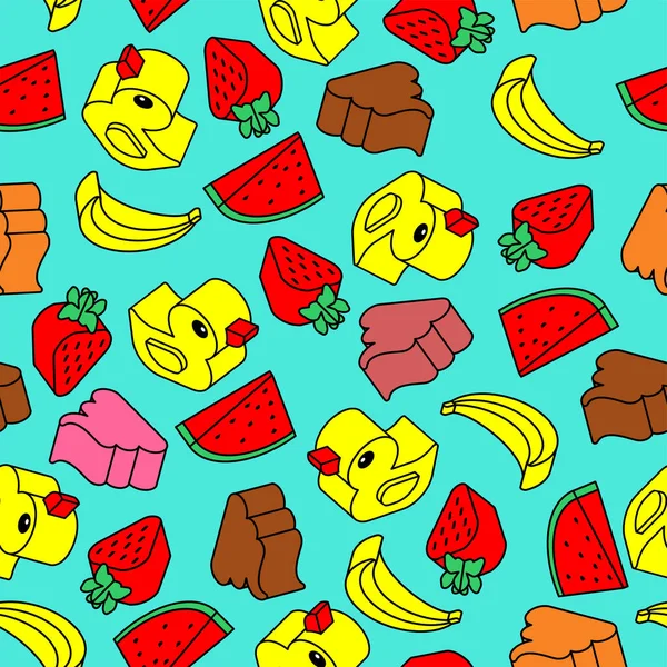 Cheerful Set Isometric Style Pattern Banana Strawberry Duck Shit Background — Stockvektor