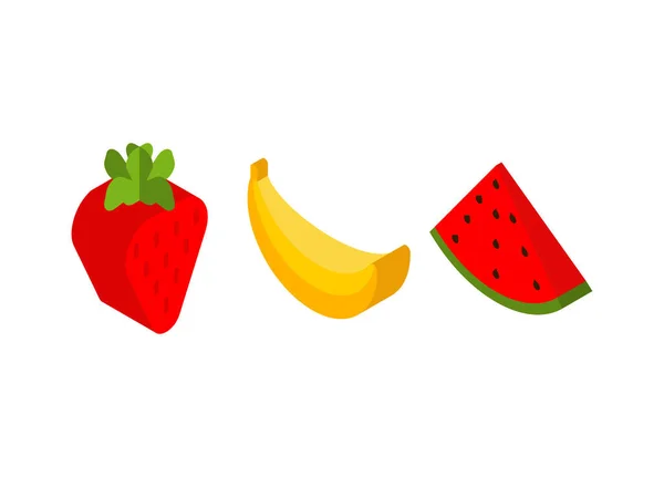 Σύνολο Εικονιδίων Ισομετρικού Στυλ Φρούτων Καρπούζι Φράουλα Και Μπανάνα Εικονογράφηση — Διανυσματικό Αρχείο