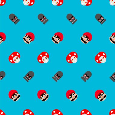 Mustachioed plumber video game pattern. Ornament of kids fabric clipart