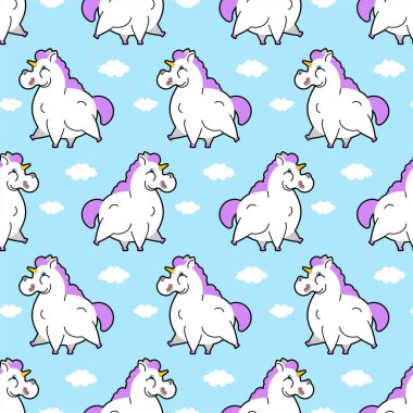 Şişko Tekboynuz Şablonu kusursuz. Etli mitolojik hayvan arka planı. Bebek kumaşı süsü.