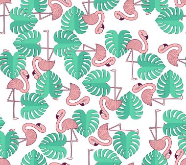 Pembe flamingo ve tropikal yapraklar pürüzsüz. Soluk pembe tüylü bir su kuşu. Çocuk kumaşı süsü.