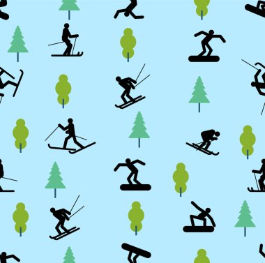 Snowboardcu ve kayakçı desenleri kusursuz. Snowboard geçmişi. Kayak dokusu. Vektör süsü