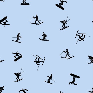 Snowboardcu ve kayakçı desenleri kusursuz. Snowboard geçmişi. Kayak dokusu. Vektör süsü