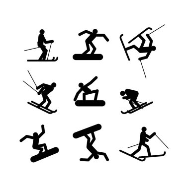 Snowboardcu ve Kayakçı işaret seti. Snowboard ve kayak ikonu. Vektör illüstrasyonu