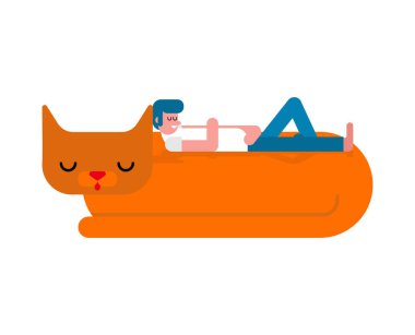 Adam kedinin üstünde uyur. Evcil hayvanla tatil kavramı