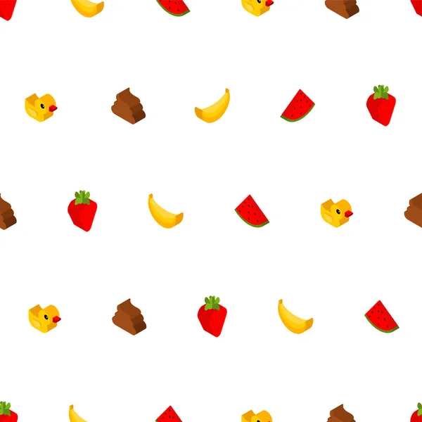 Cheerful Set Isometric Style Pattern Banana Strawberry Duck Shit Background — Stok Vektör