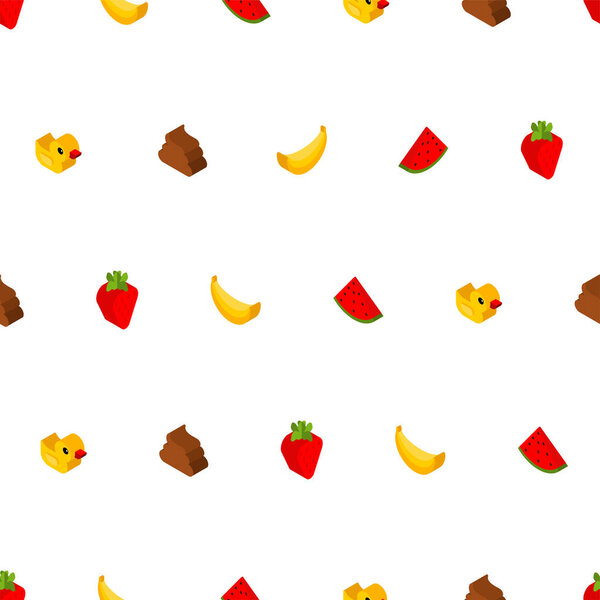 Cheerful set of isometric style pattern. Banana and strawberry. Duck and shit background. Ornament of kids fabric